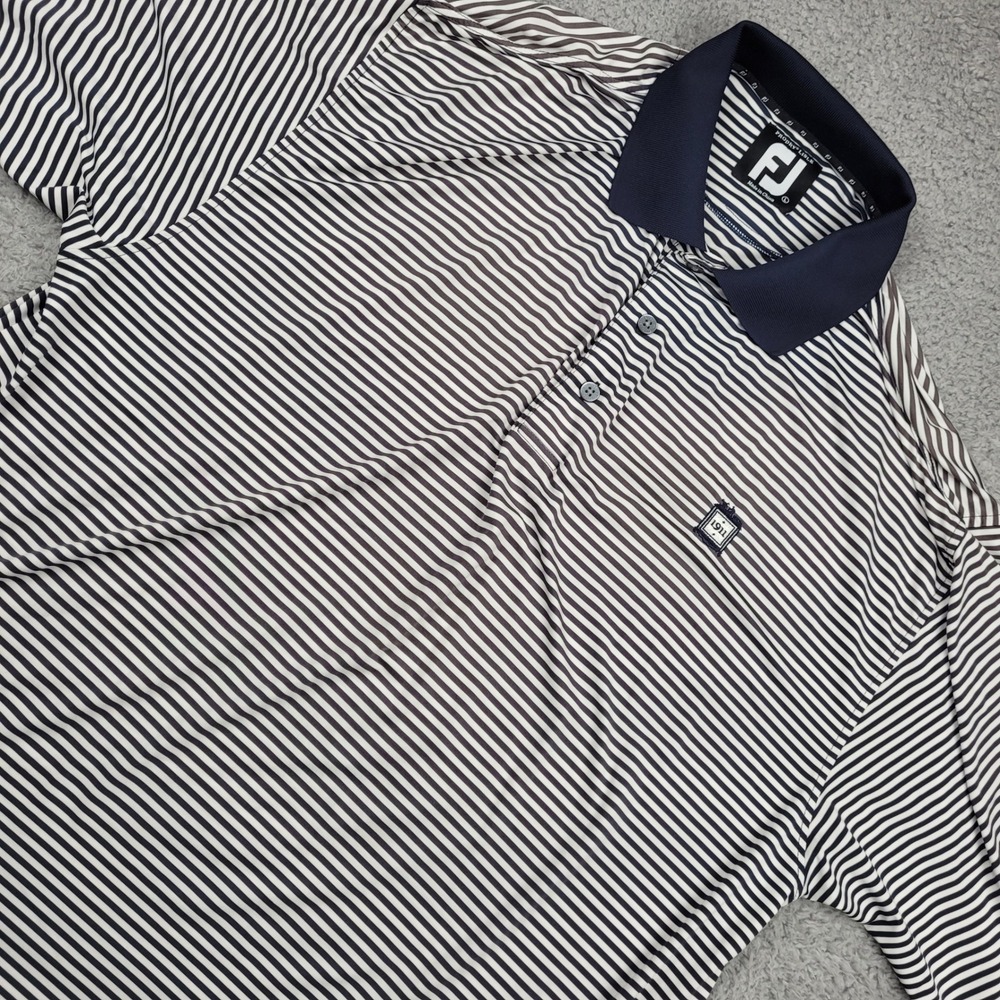 FootJoy Lisle Prodry Golf Polo Shirt Mens Large Striped 1911 Logo Navy Collar